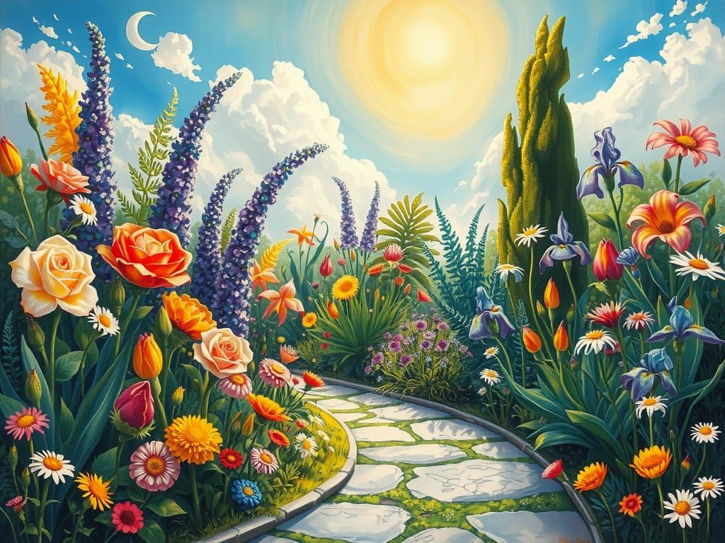 Whimsical Oil and Tempera Garden Scene