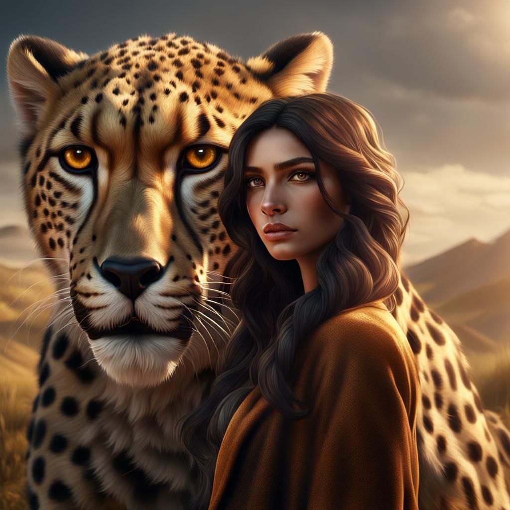 Woman and Cheetah: Detailed Fantasy Art