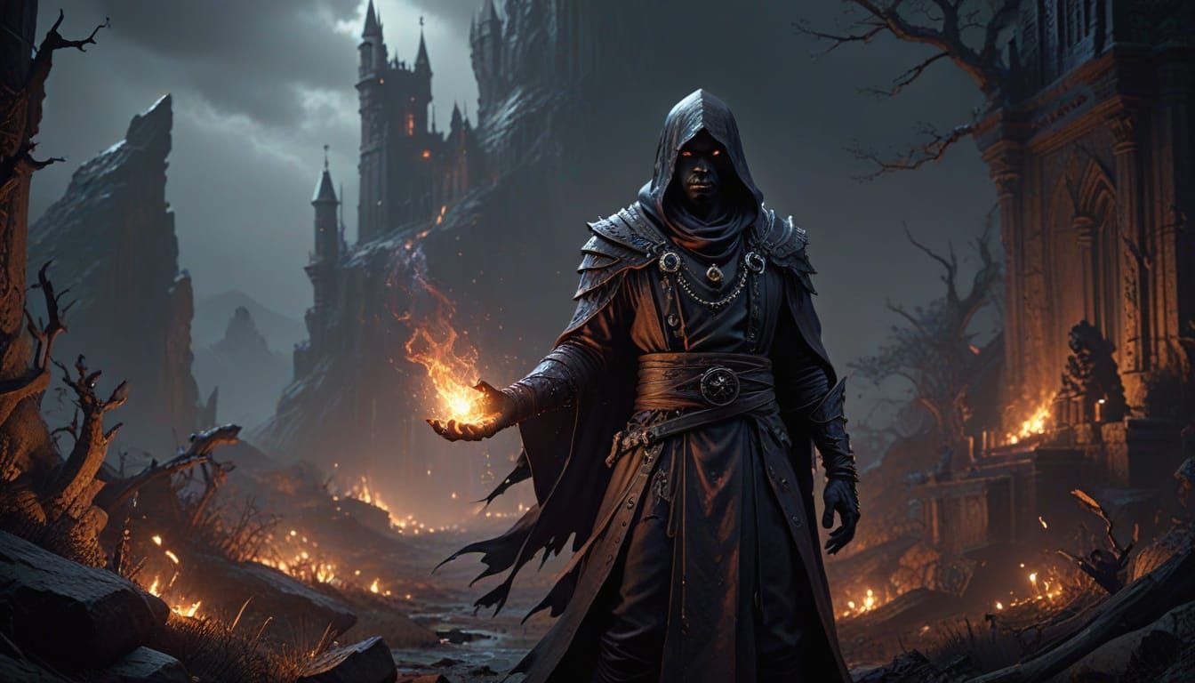 African Mage Casts Fire Magic in Desolate Fantasy Landscape