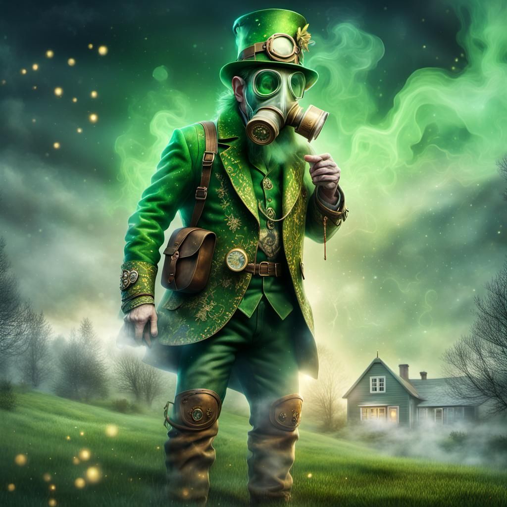 Leprechaun in Gas Mask: Holographic Astral Illustration