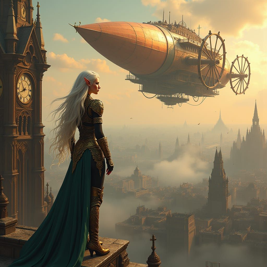 Elven Warrior in Steampunk Metropolis