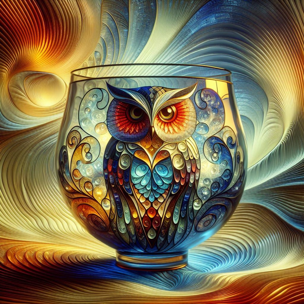 Surreal Glass Bowl with Stained Glass Owl