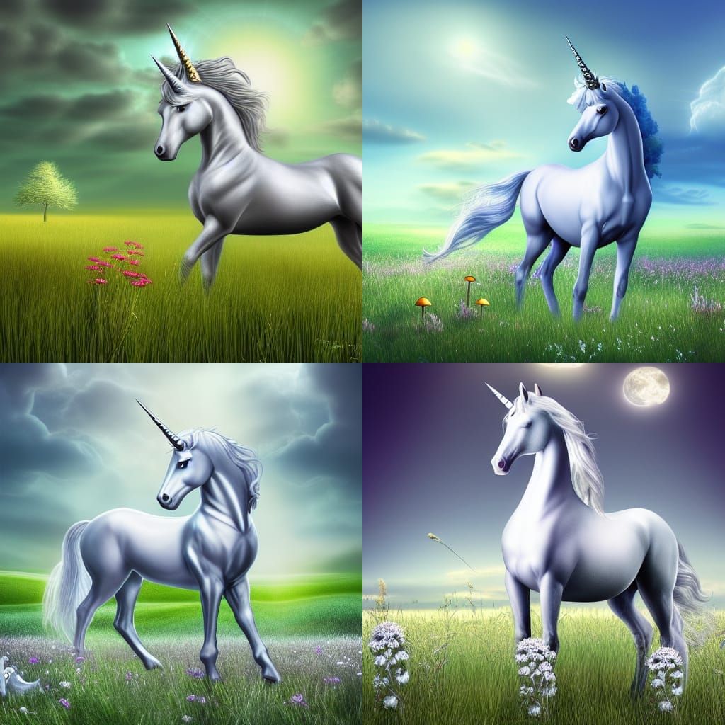 Elegant Silver Unicorn in a Surreal Flower Field