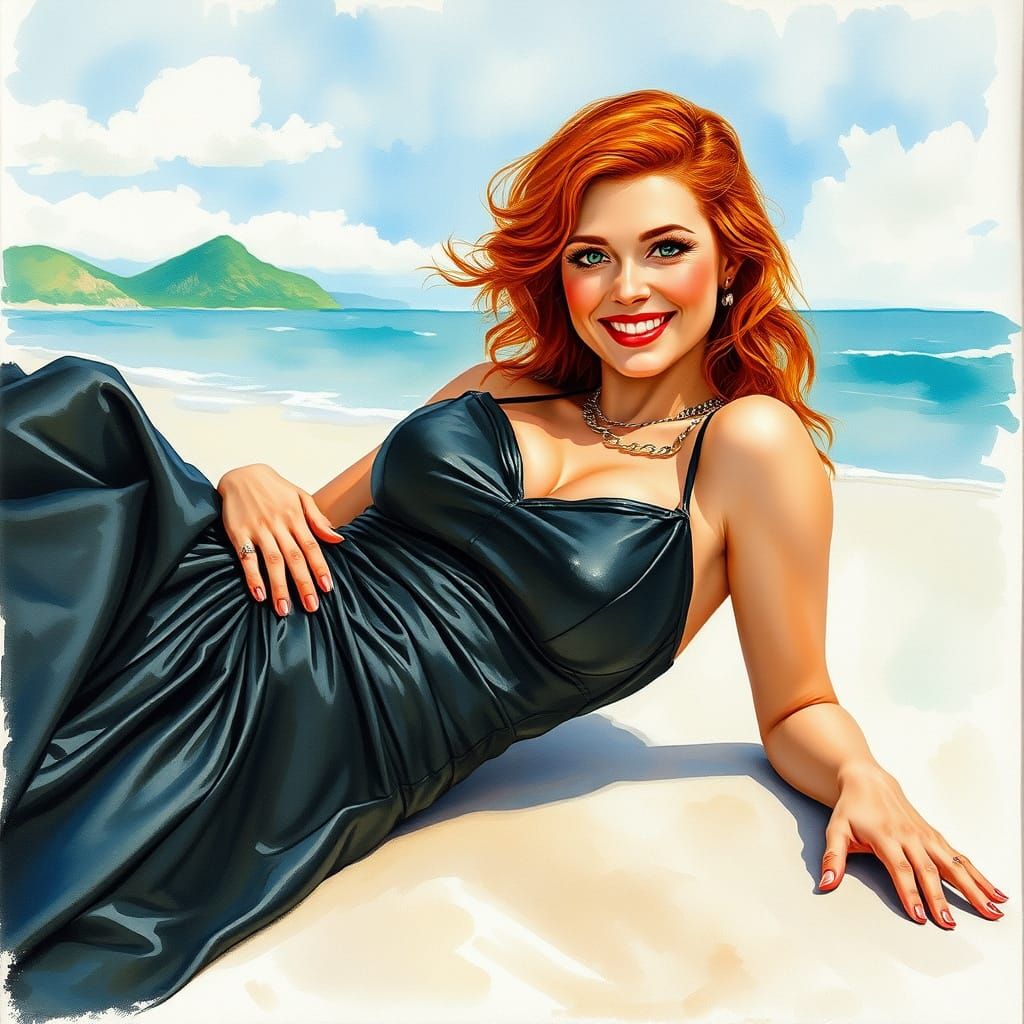 Gouache Masterpiece of Red Haired Woman on the Beach