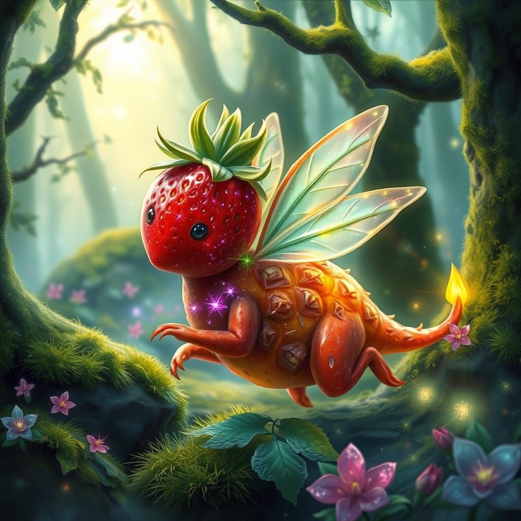 Whimsical Fruit Creature with Fairy Wings in Enchanted Fores...