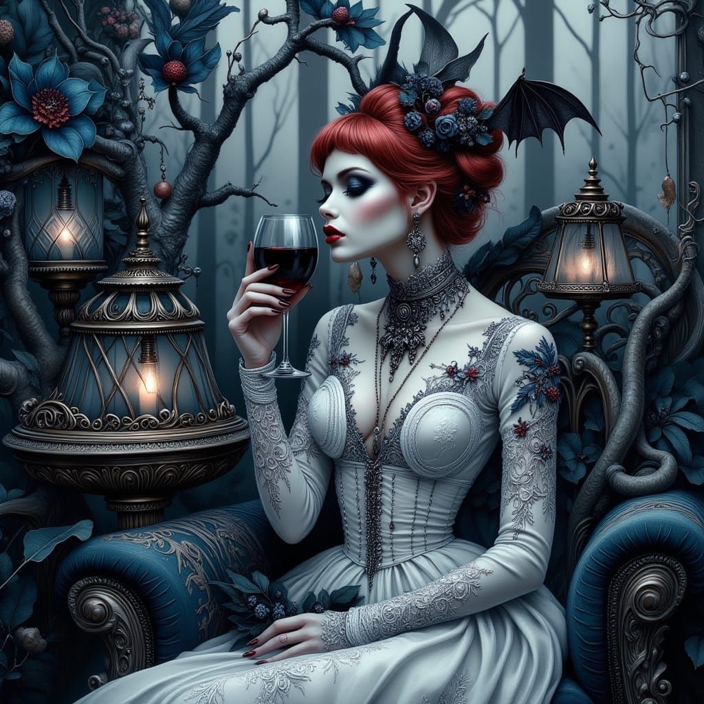 Gothic Lady in Winter Garden with Dark Orchids