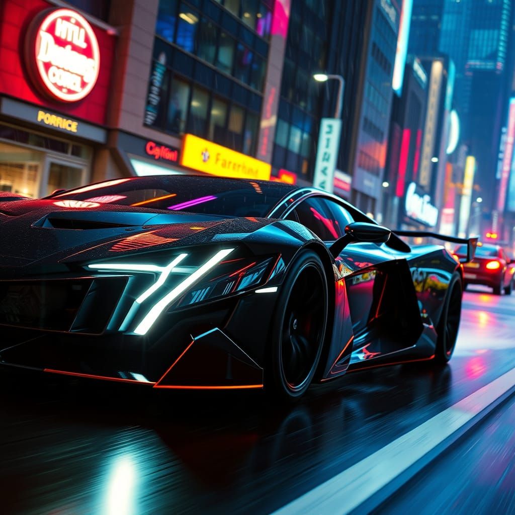 Futuristic Gotham Car Speeds Through Neon Cityscape