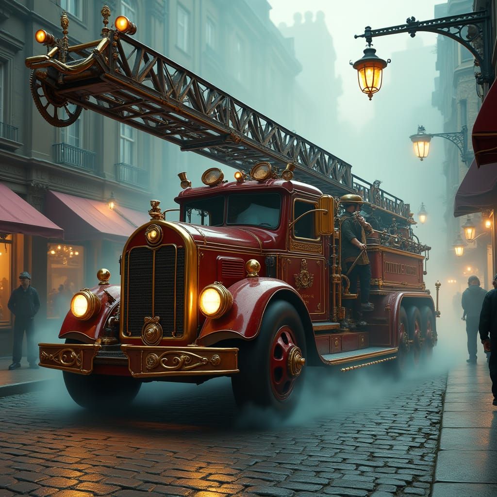 Majestic Steampunk Fire Engine Turns Corner onto Fog-Shroude...