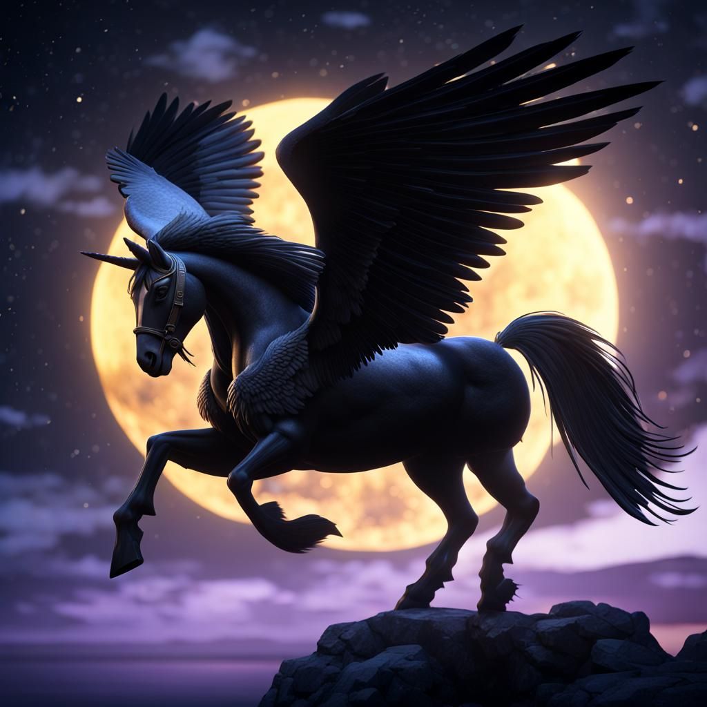 Black Pegasus Soaring Across Night Sky