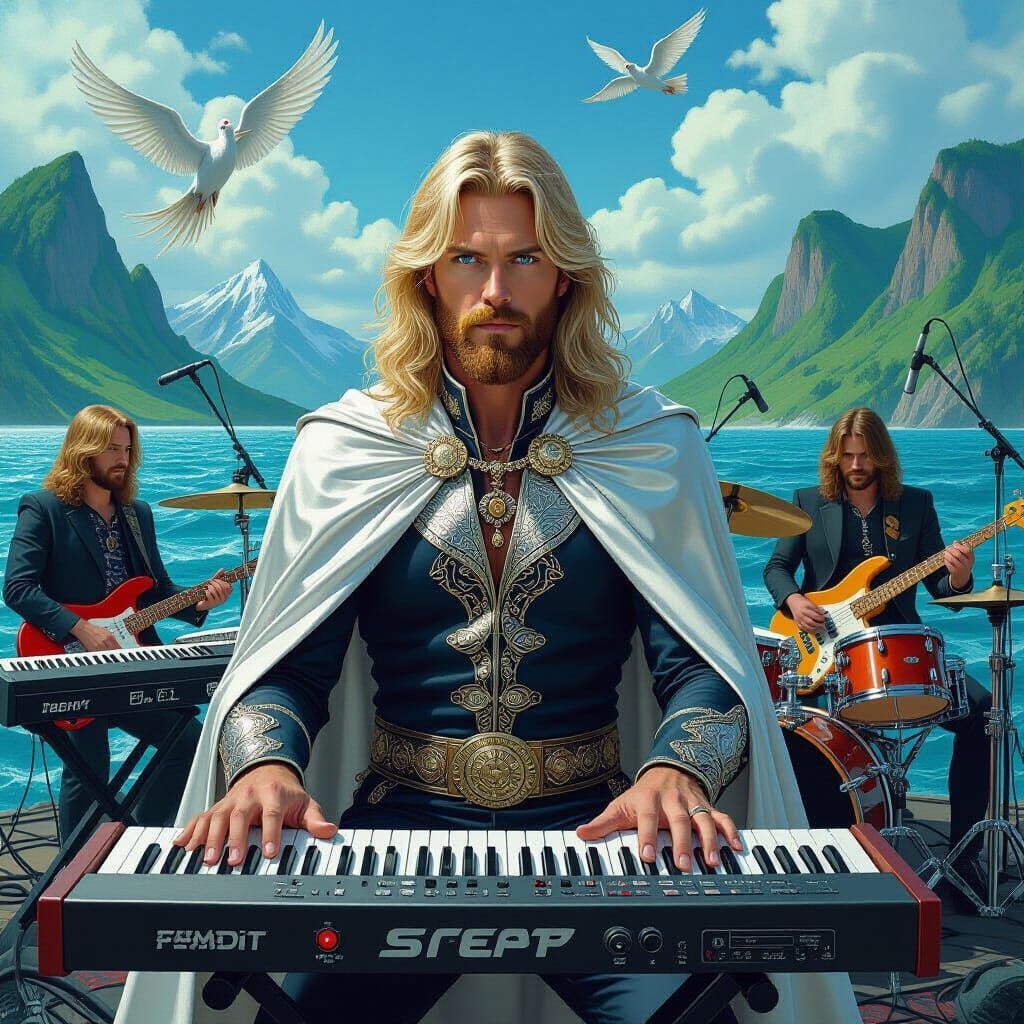Progressive Rock Keyboardist in Fantasy Landscape