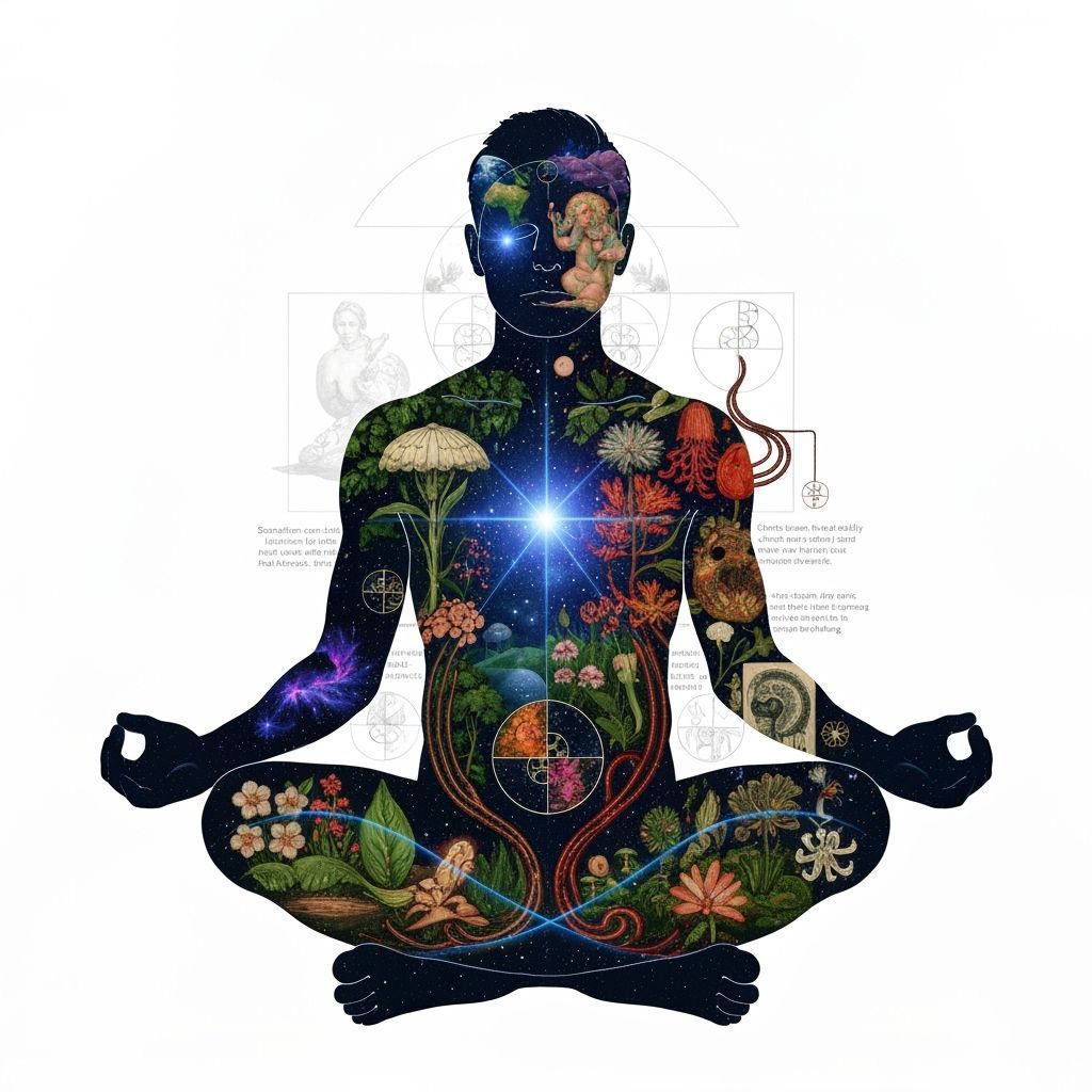 Meditating Figure in Bioluminescent Psychedelic Dreamscape