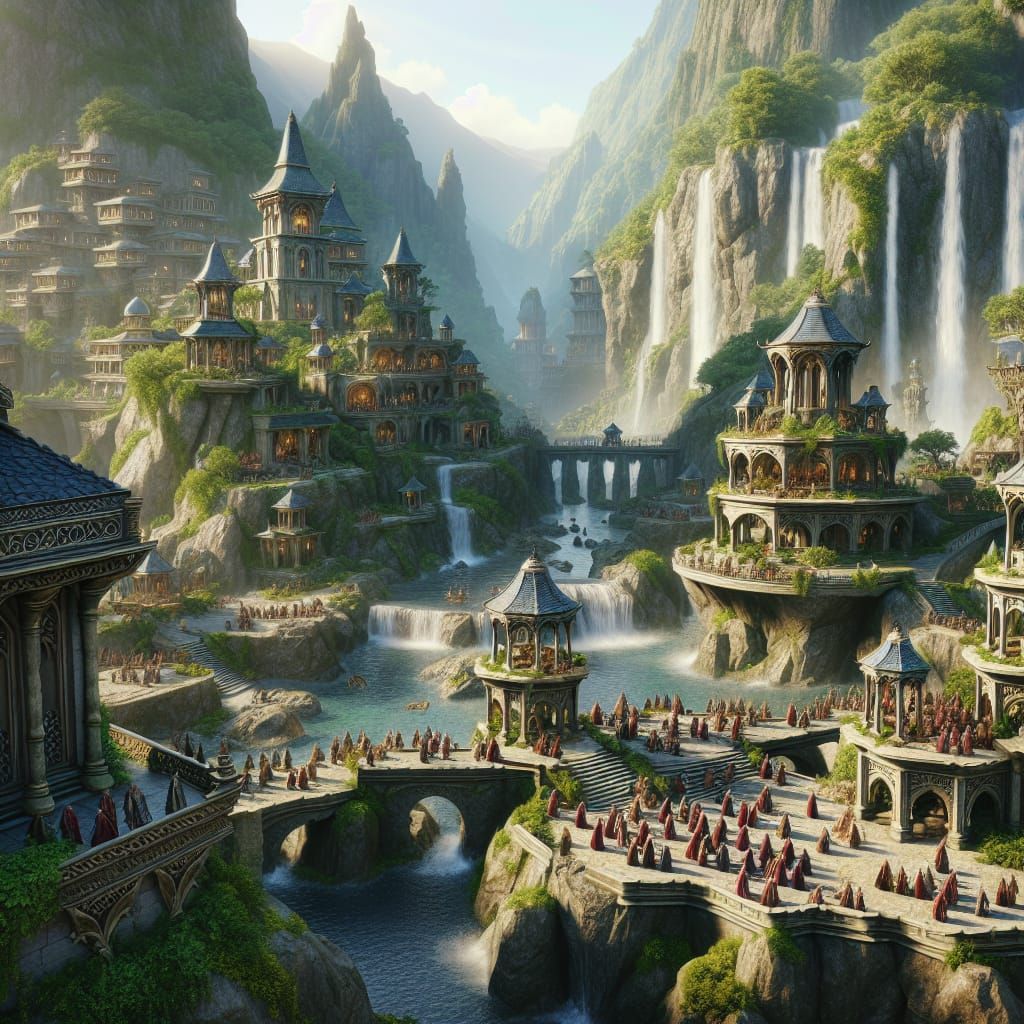 Lush Dwarven City in Valley with Waterfalls