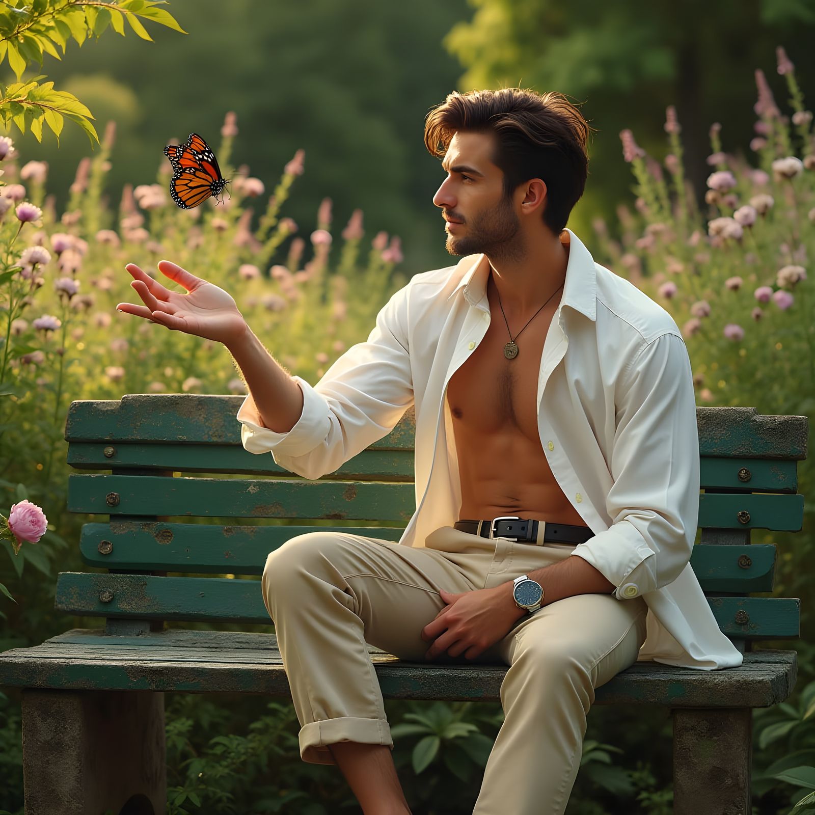 Man in Garden with Monarch Butterfly