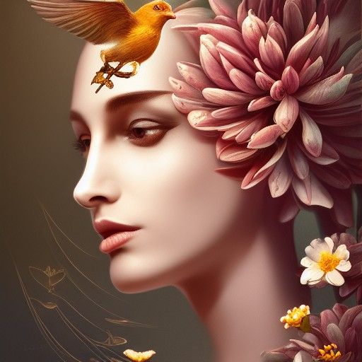 Fantasy Bird with Flowers Digital Painting