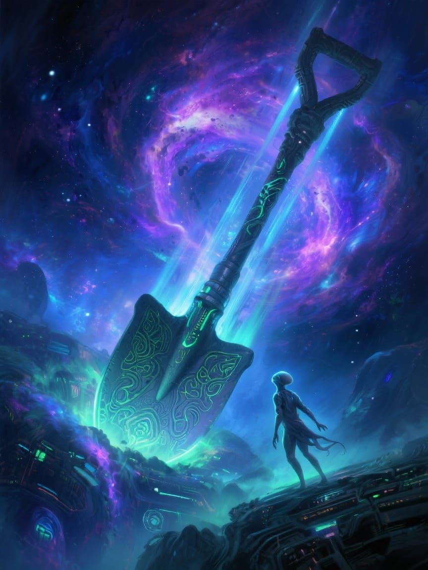 Ethereal Alien Explores Ancient Spade Artifact in Cosmic Neb...