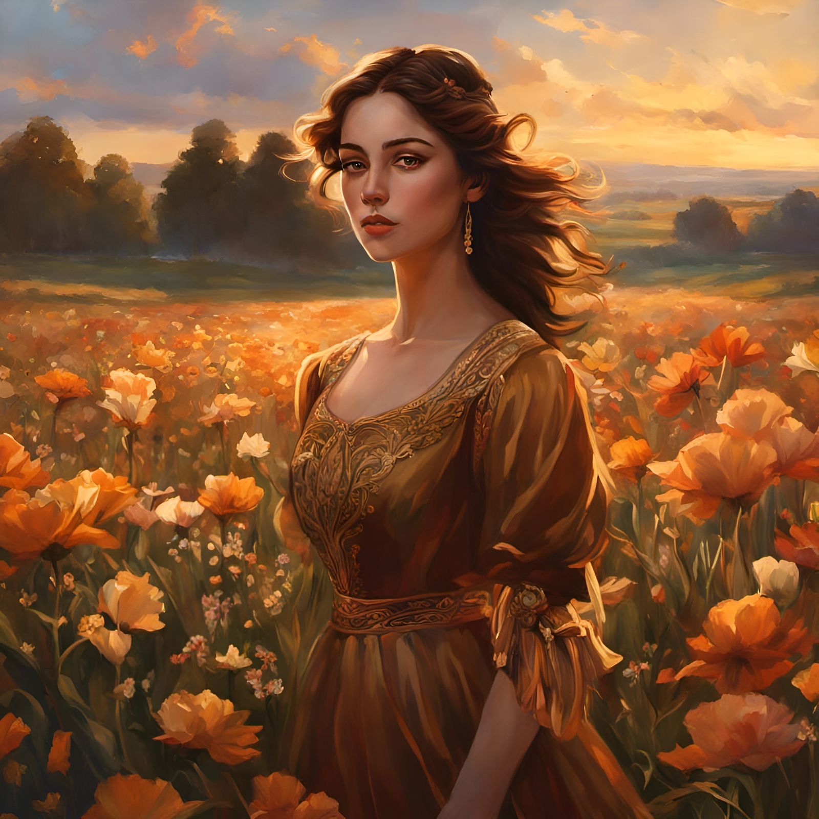 Renaissance Woman in Golden Flower Field