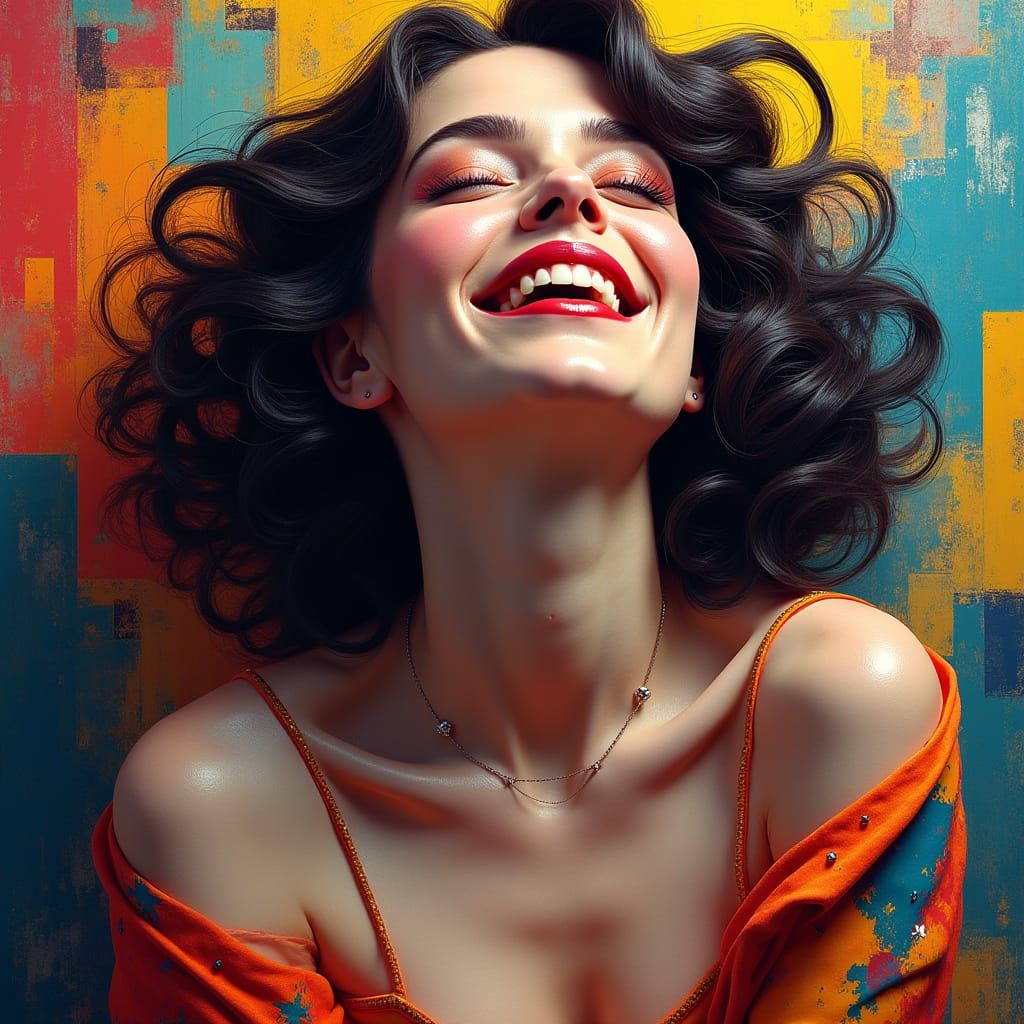 Euphoric Woman Portrait in Cubist Art Deco Style