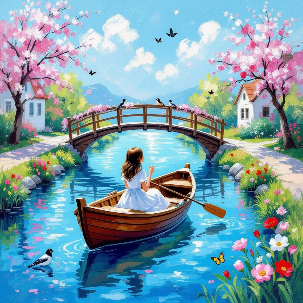 Girl Sings on Lake in Gouache Impressionist Style