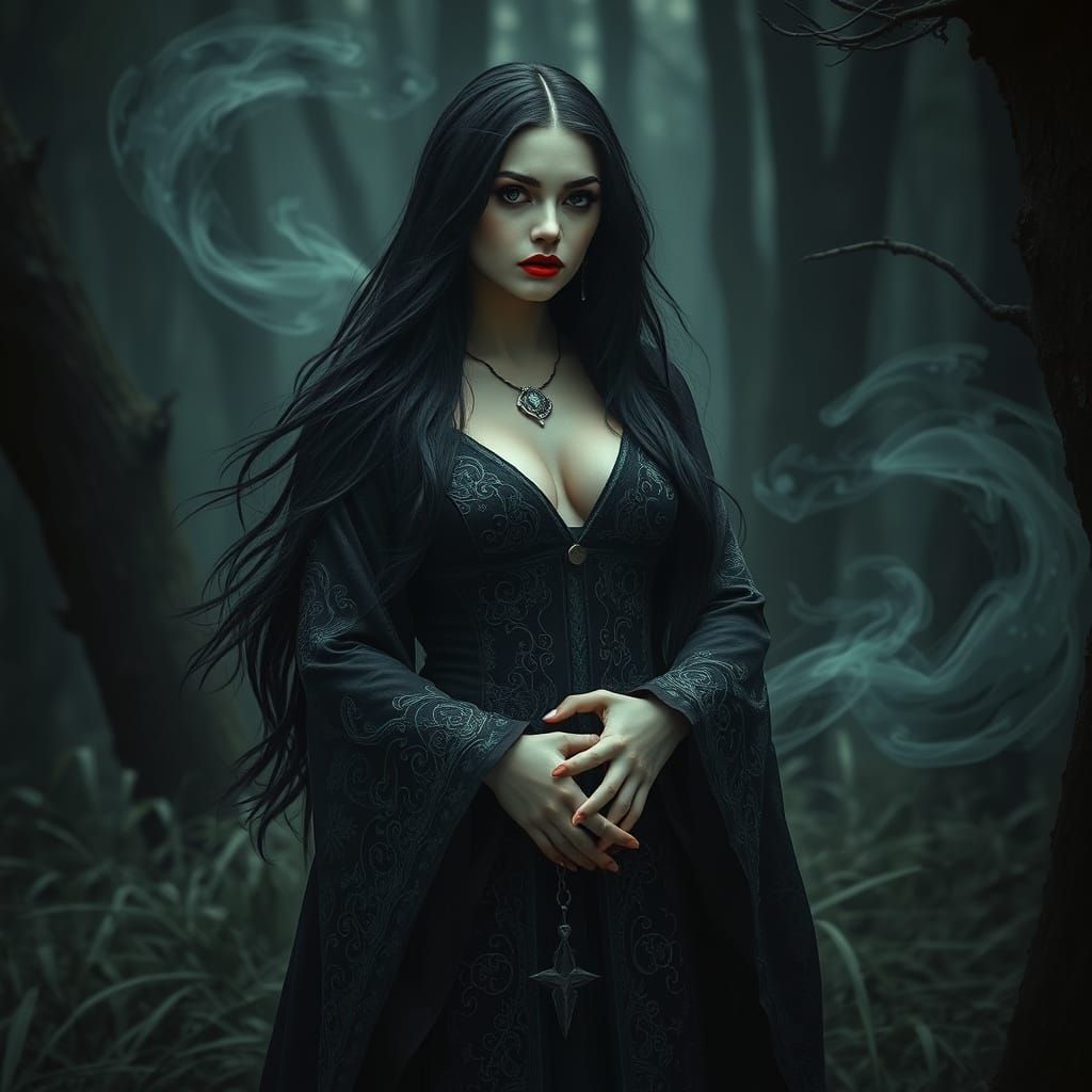 Mysterious Sorceress in Dark, Enchanted Forest