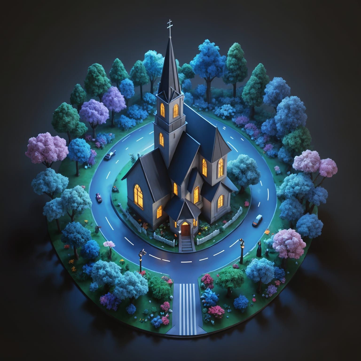 Origami Paper Art Village with Church and Flowers