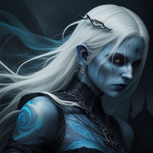 Spectral Banshee with Blue Tattoos in Gothic Fantasy Art