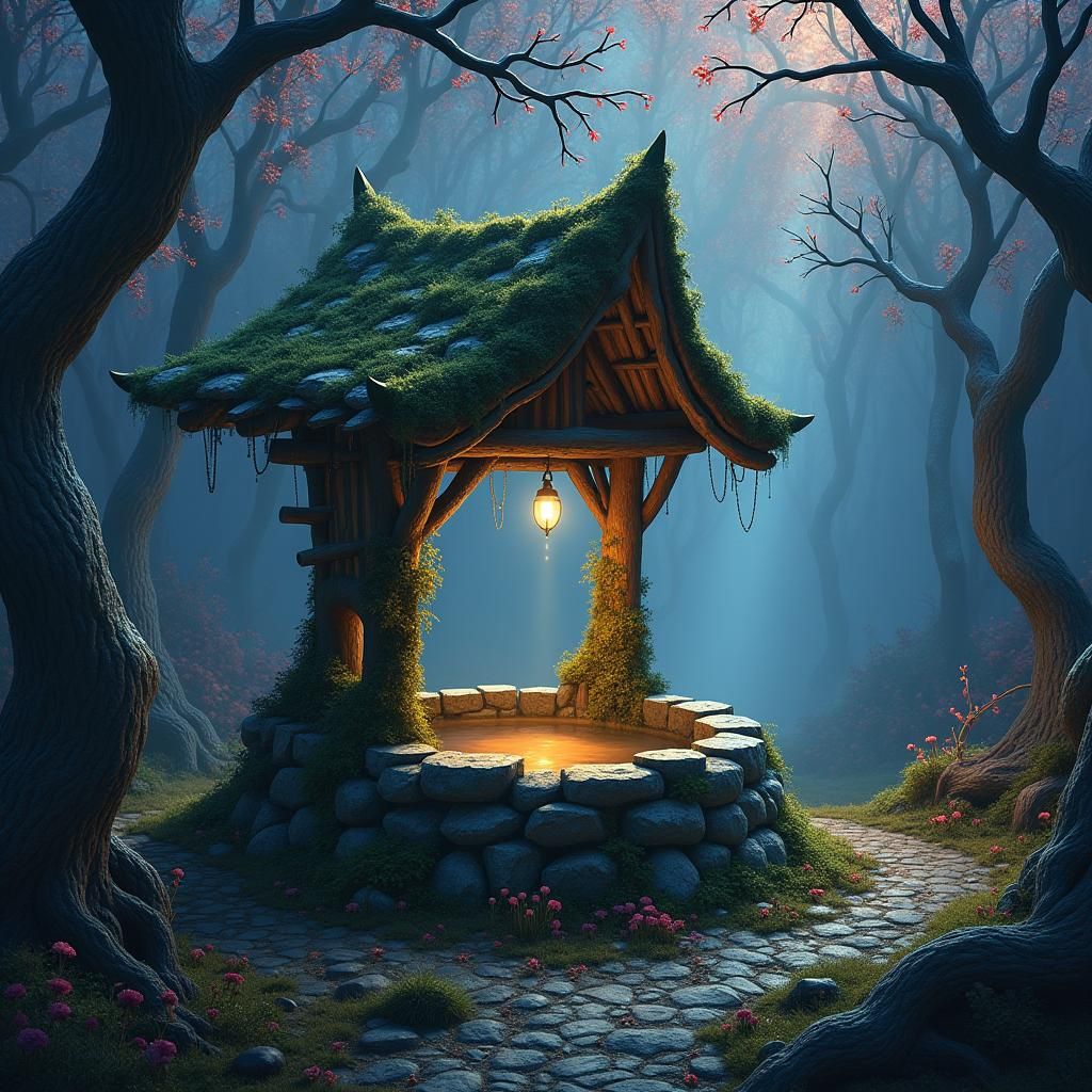 Ethereal Forest Well in Colorful Tim Burton Style
