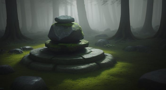 Mysterious Glowing Rune Stone in Misty Forest