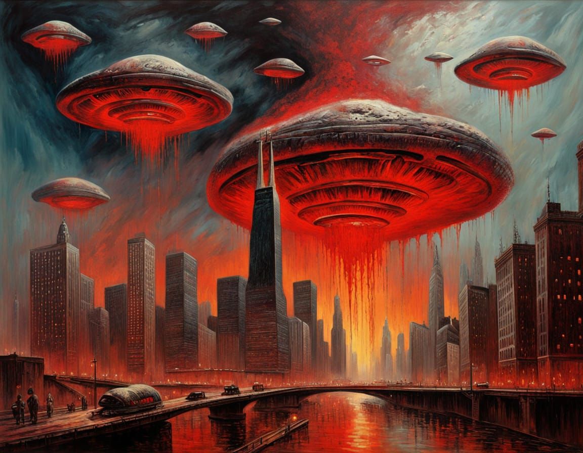 Surreal Cyberpunk War Scene with UFOs Attacking Chicago in a...