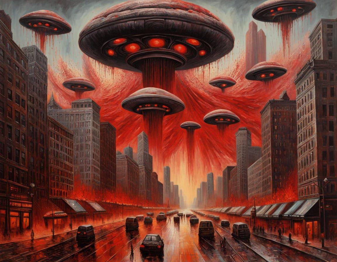 Surrealistic Oil Painting Depicting UFO Invasion in a War-To...