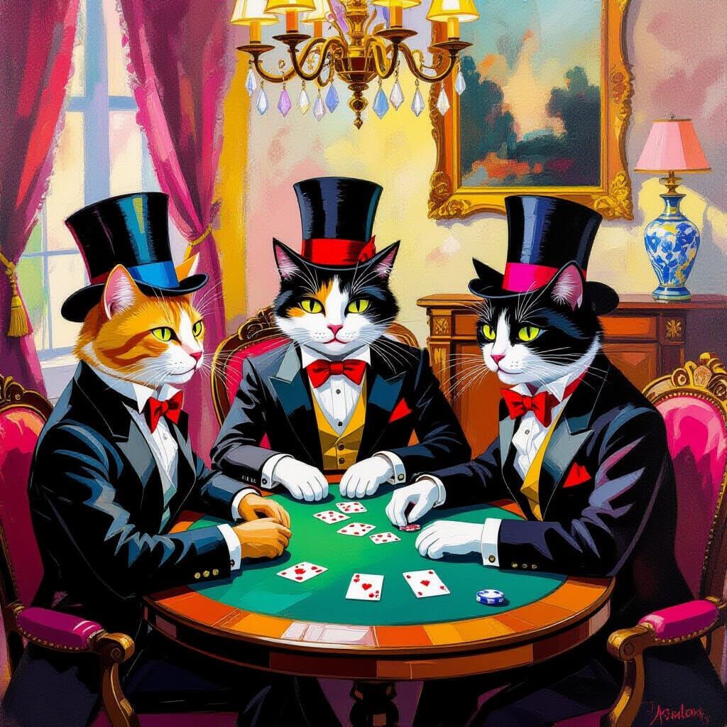 Cats Playing Poker in Gouache Impressionist Style