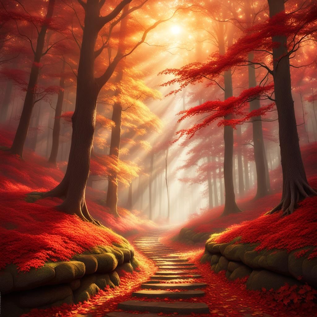 Autumn Forest Path in Digital Matte Painting Style