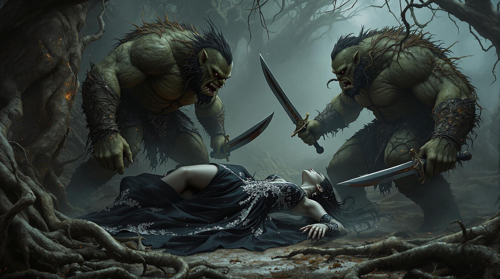 Mysterious Sorceress Overpowered by Orcs in Dark Fantasy Bat...