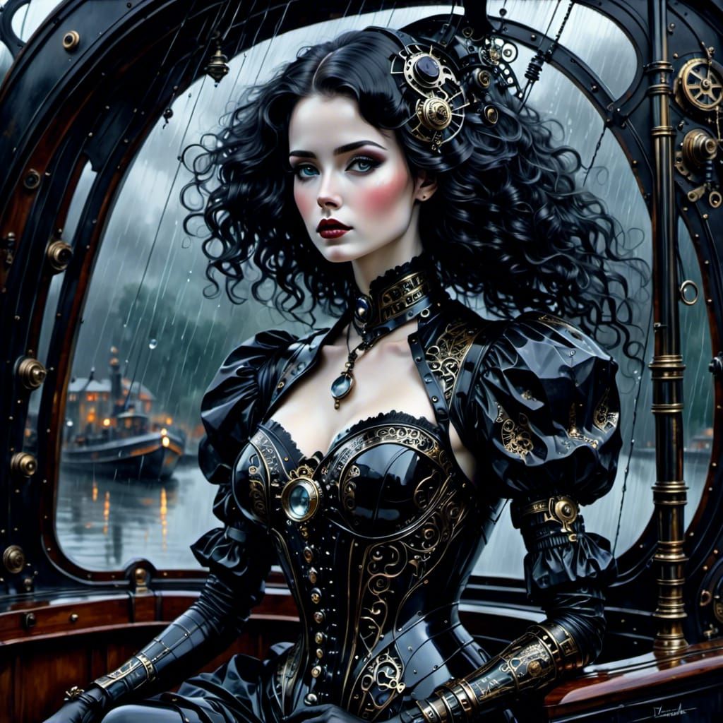 Gothic Watercolor Portrait of French Woman in Rain