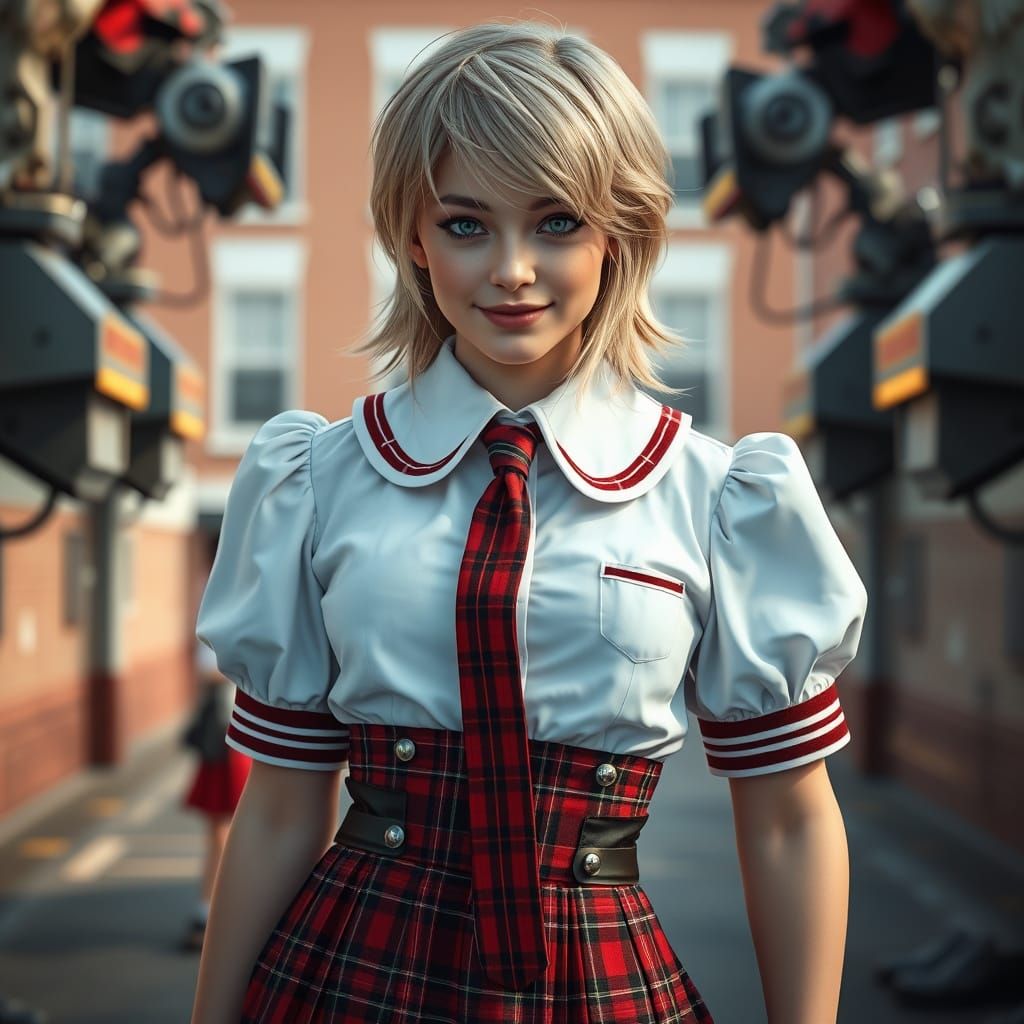 Confident Young Crossdresser in Futuristic School Uniform