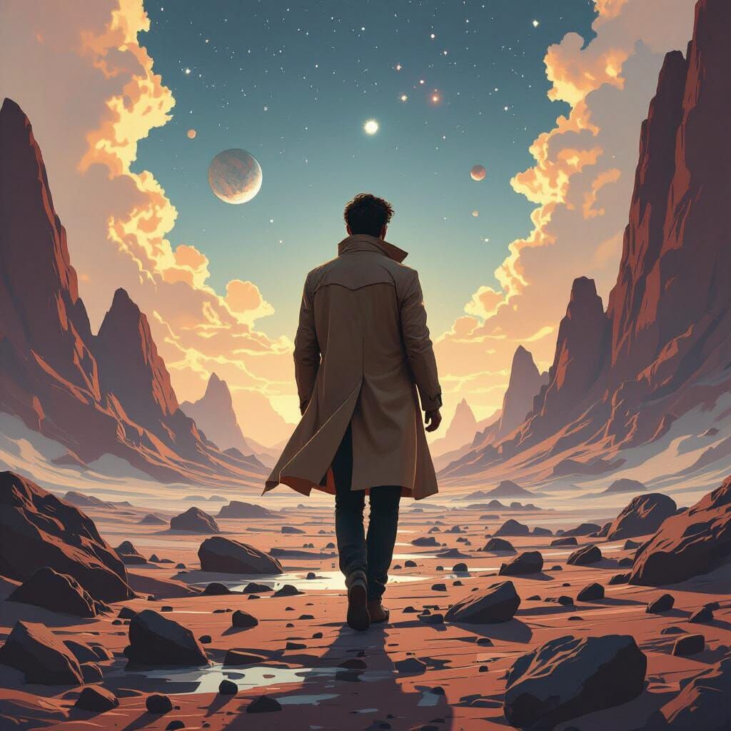 Man Walking on Asteroids in Sci-Fi Cosmic Landscape