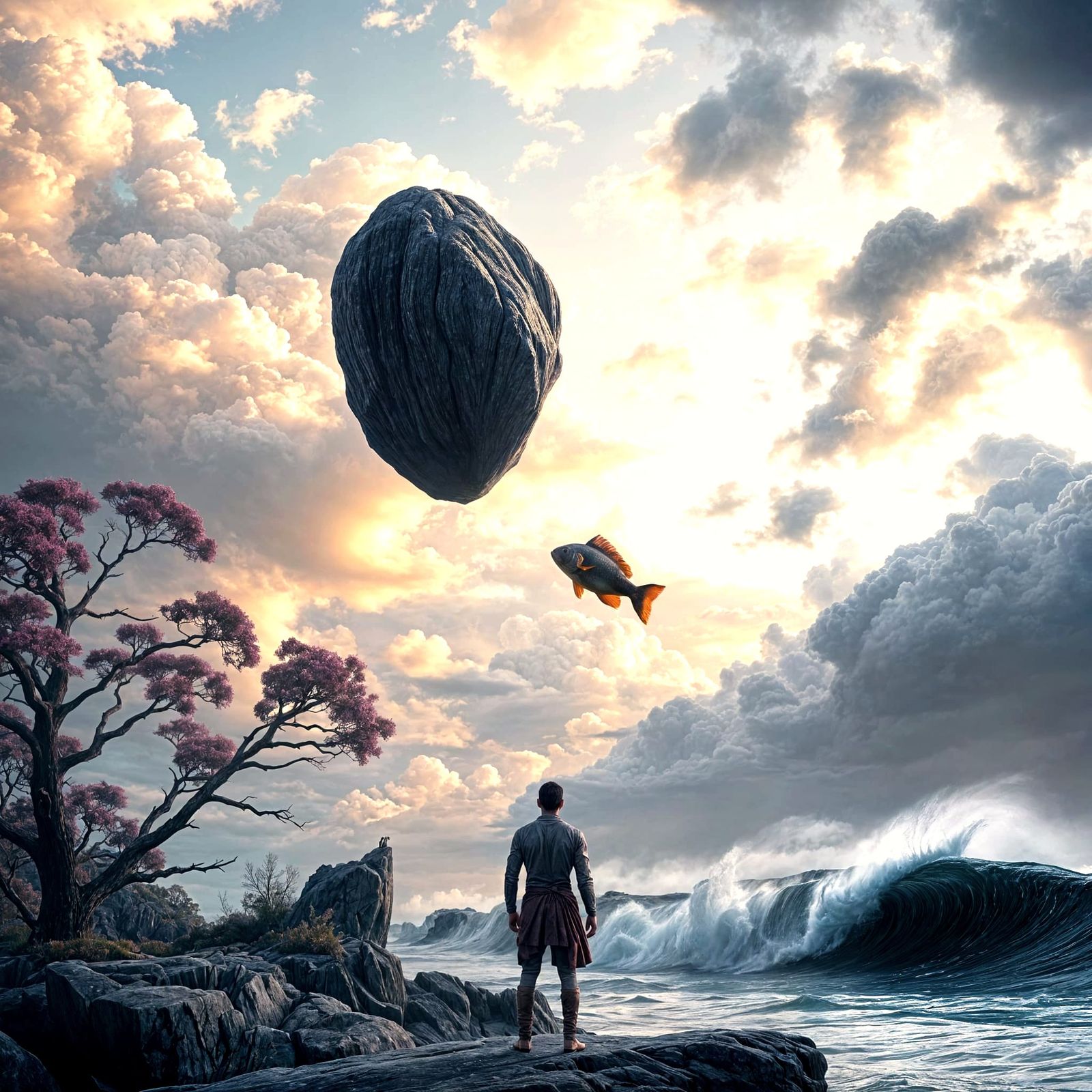 Surreal Australian Landscape with Floating Rock and Aborigin...