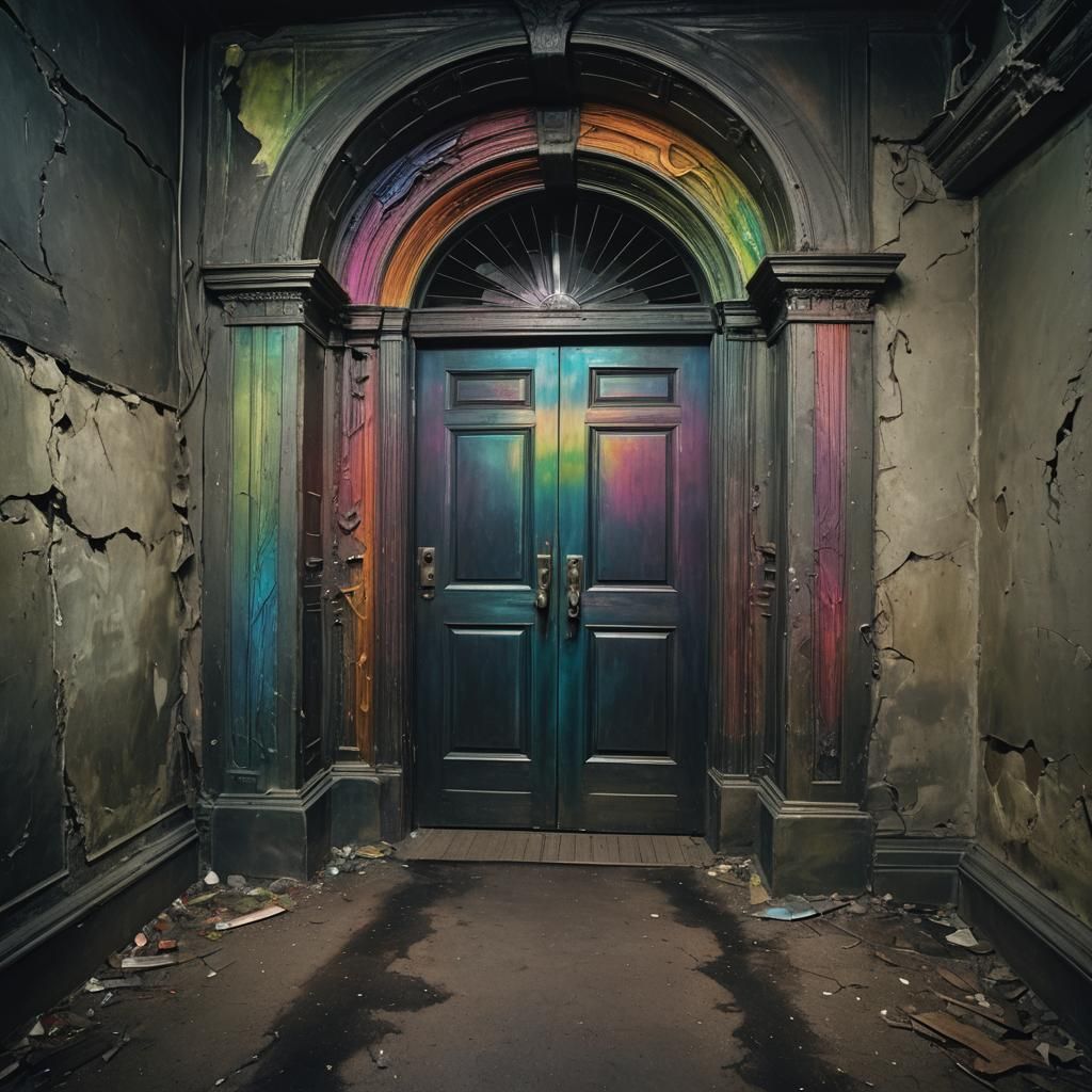 Eerie Rainbow Portal Door in Surrealist Horror Hallway