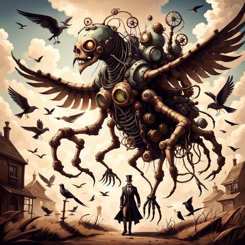 Steampunk Monster Flies with Birds