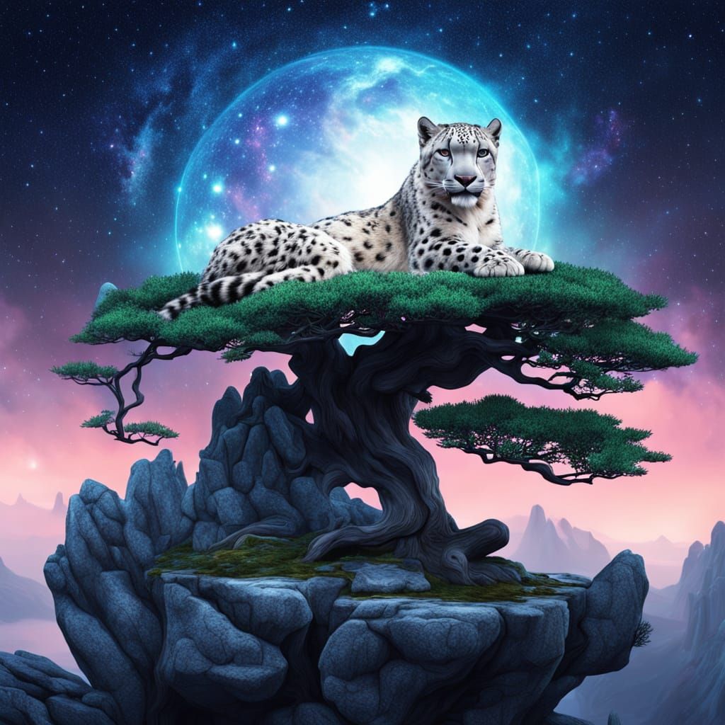 Celestial Snow Leopard on Cosmic Bonsai Tree