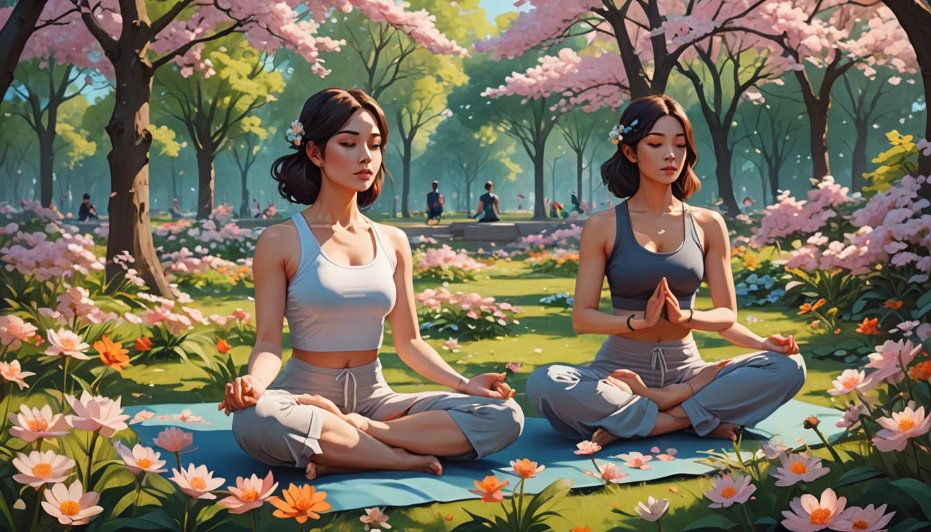 Gorgeous Girls Yoga Meditation in Flower Park