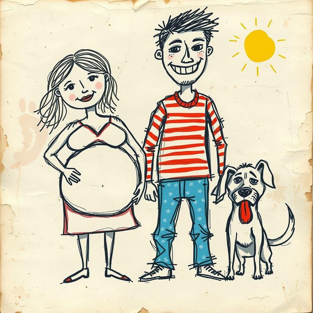 Naive Childlike Drawing of Family with Dog