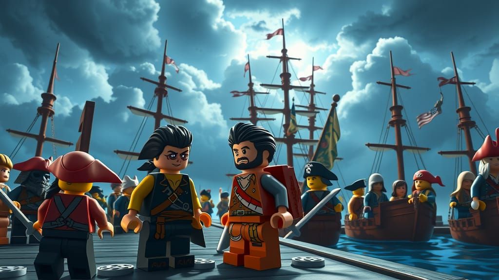 Lego Pirates Gather in Broken Mast Bay Under Stormy Skies