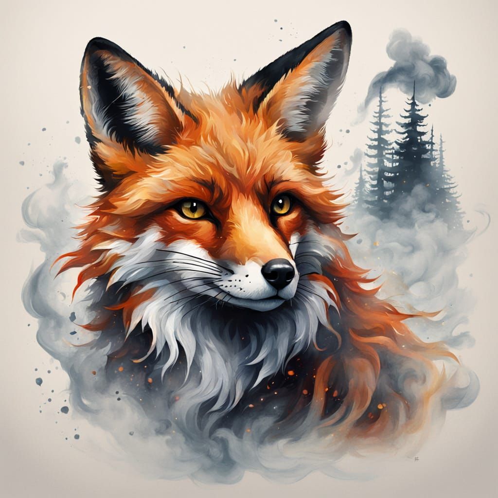Smoke Fox with Mysterious Misty Landscape
