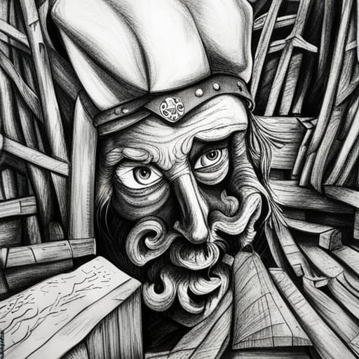 Detailed Charcoal Drawing of Pirate in Hideout