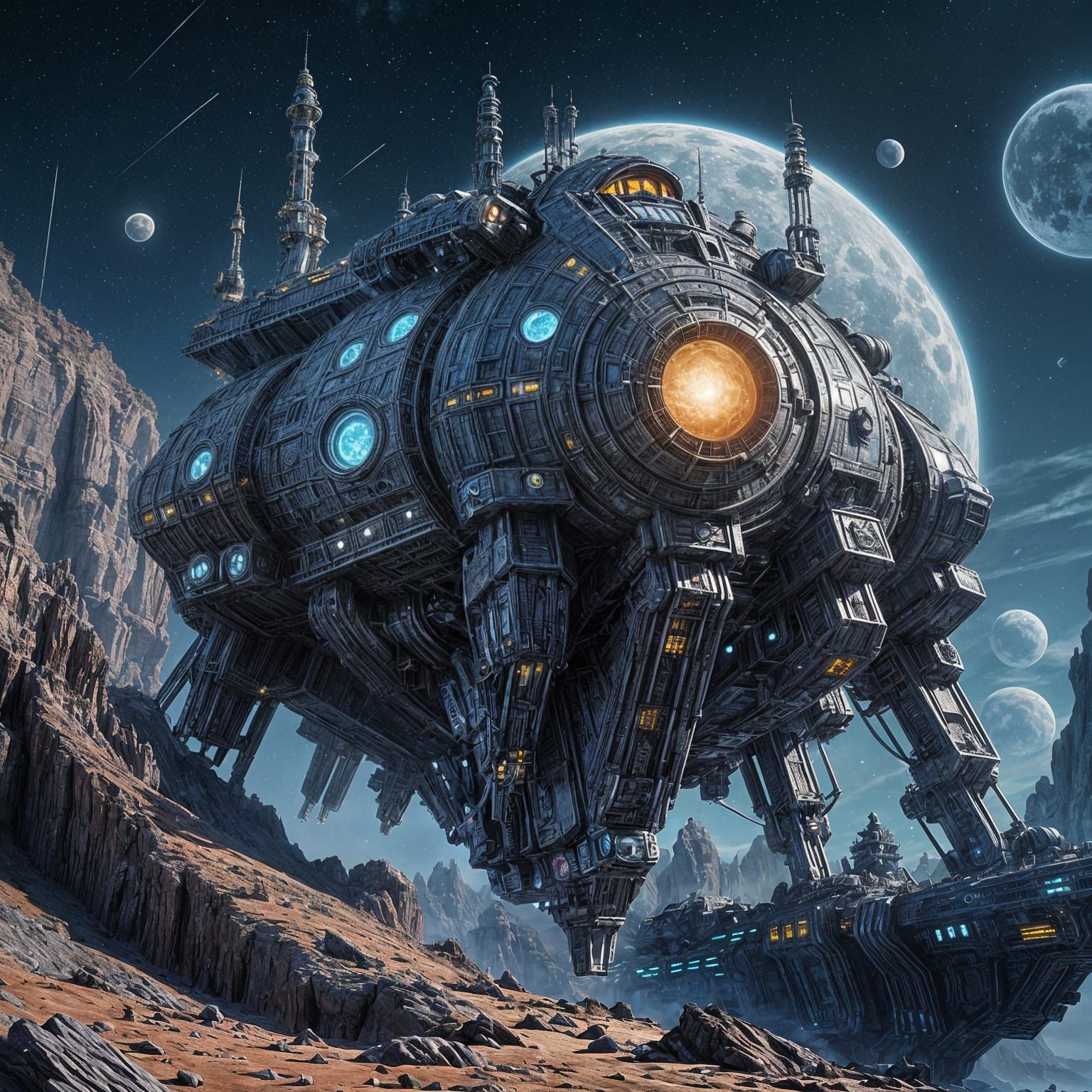 Bright Spaceship Silhouette on the Moon