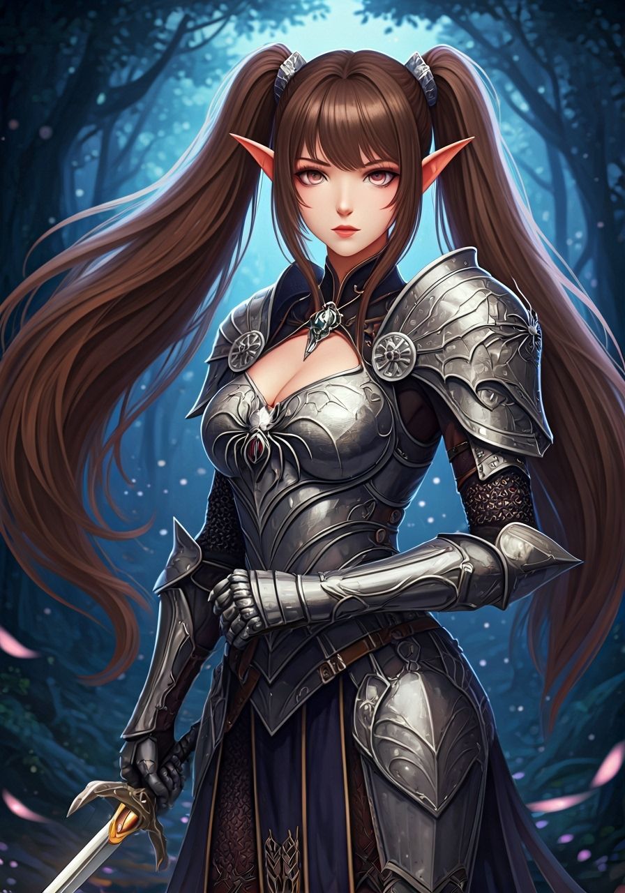 Elven Warrior with Spider Armor in Magical Forest