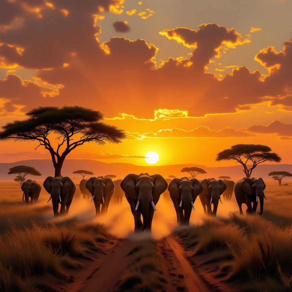 Majestic Elephants at Amber Sunrise on African Savannah