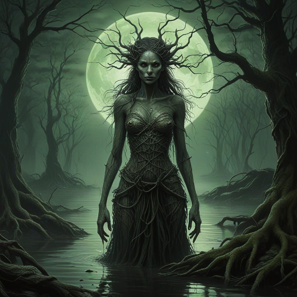 Eerie Swamp Woman Under Green Moon in Oil Painting