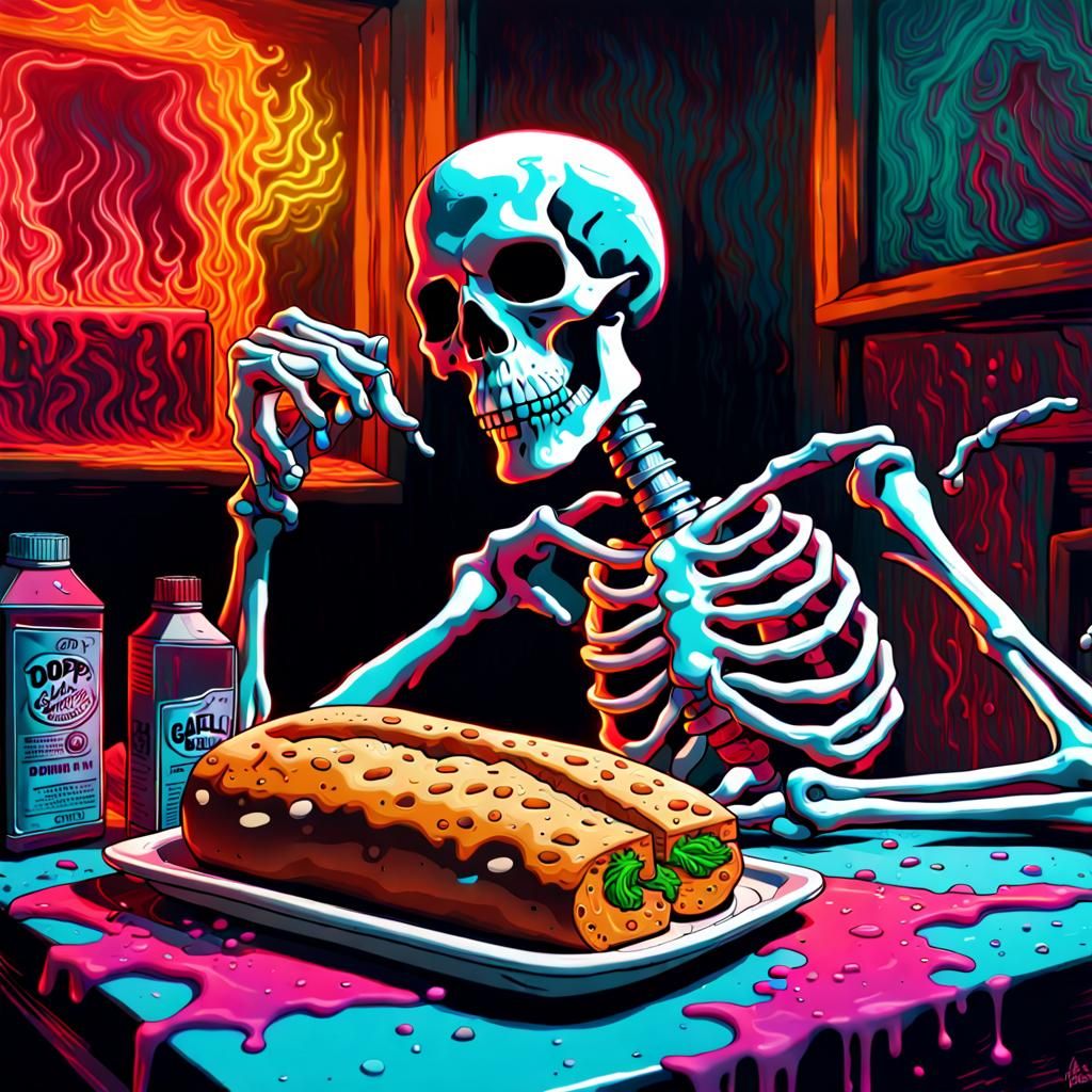 Garlic Bread Skeleton in Synthwave Graffiti Style