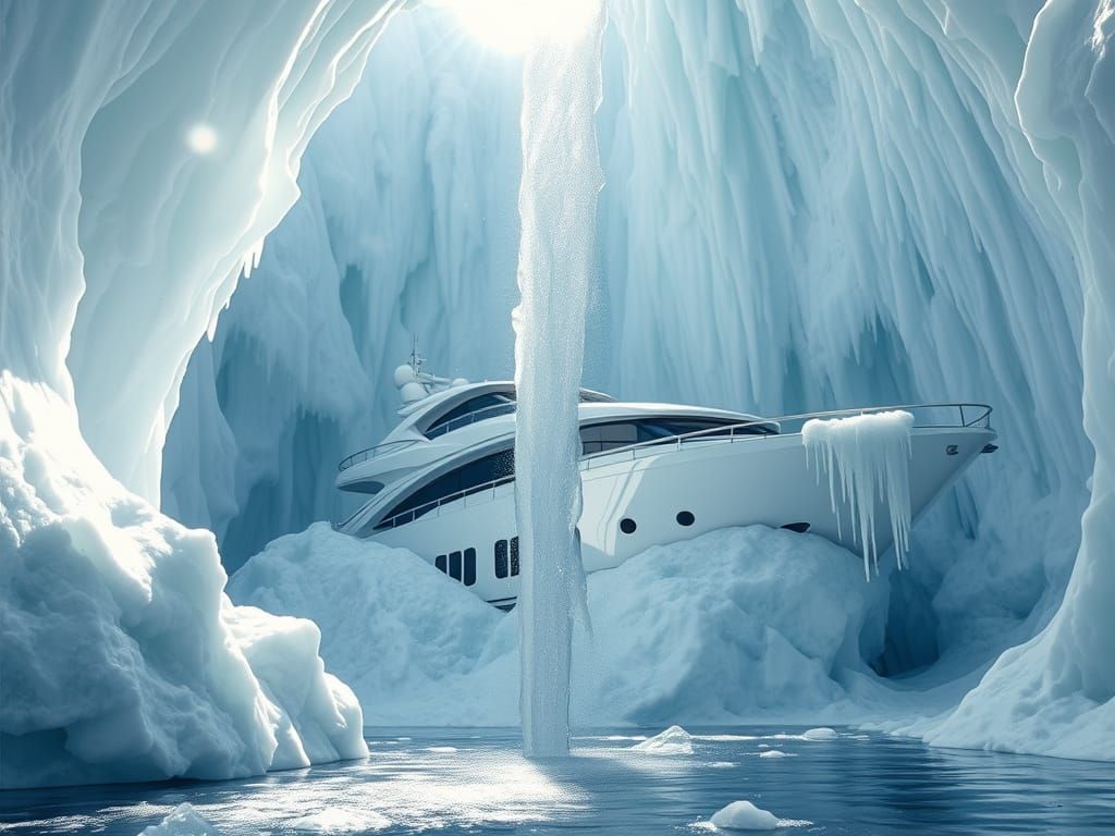 Sleek Yacht Frozen in Mid-Fall, Encased in Glassy Ice